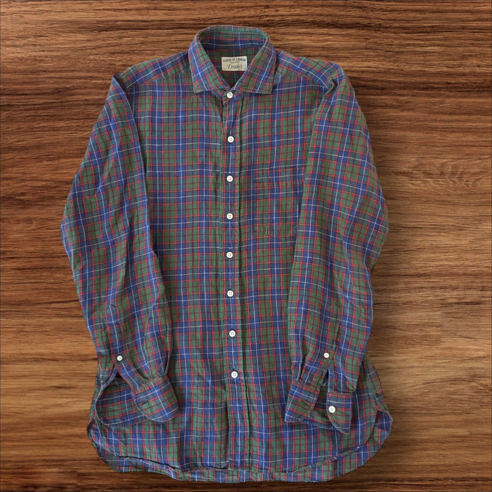 $345 - Men's Drake's of London Linen Plaid Shirt - M - 15.5/39 - Blue Green Red